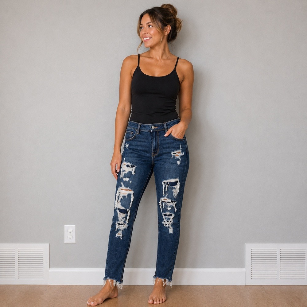 American Eagle Super Hi-Rise Jegging Dark Wash Distressed Jeans 14 Long Stretch